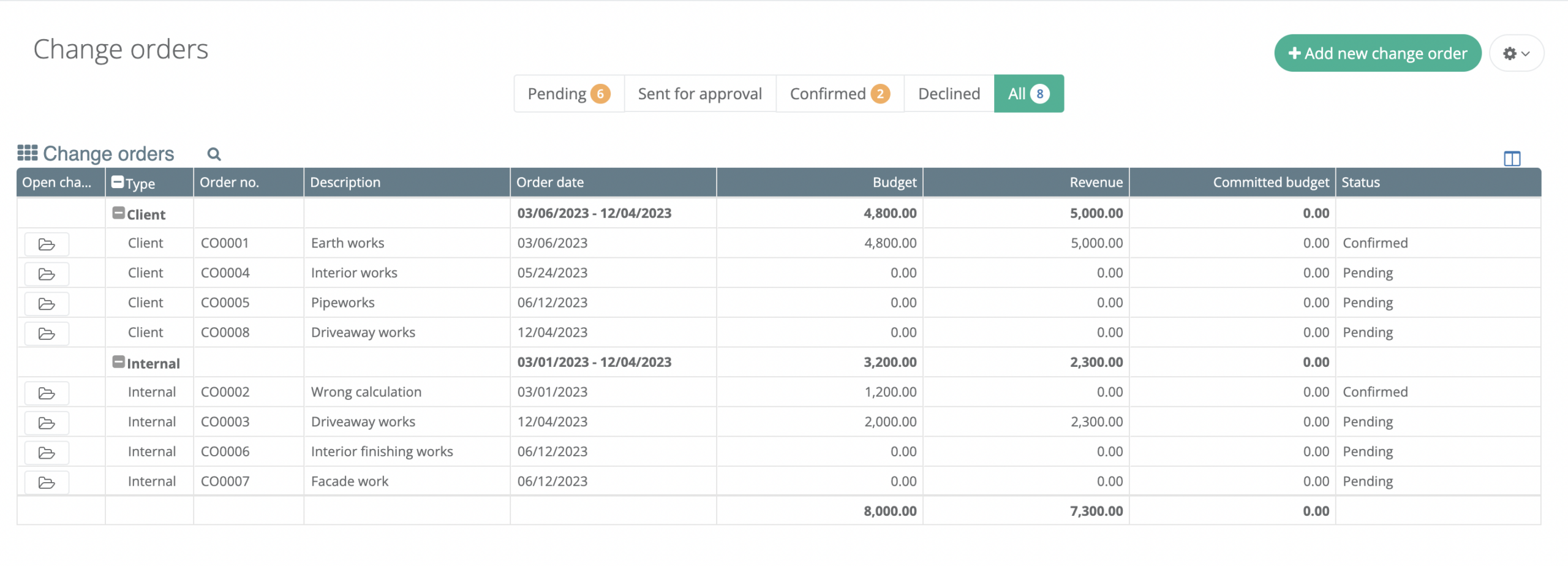 change order module in Bauwise software