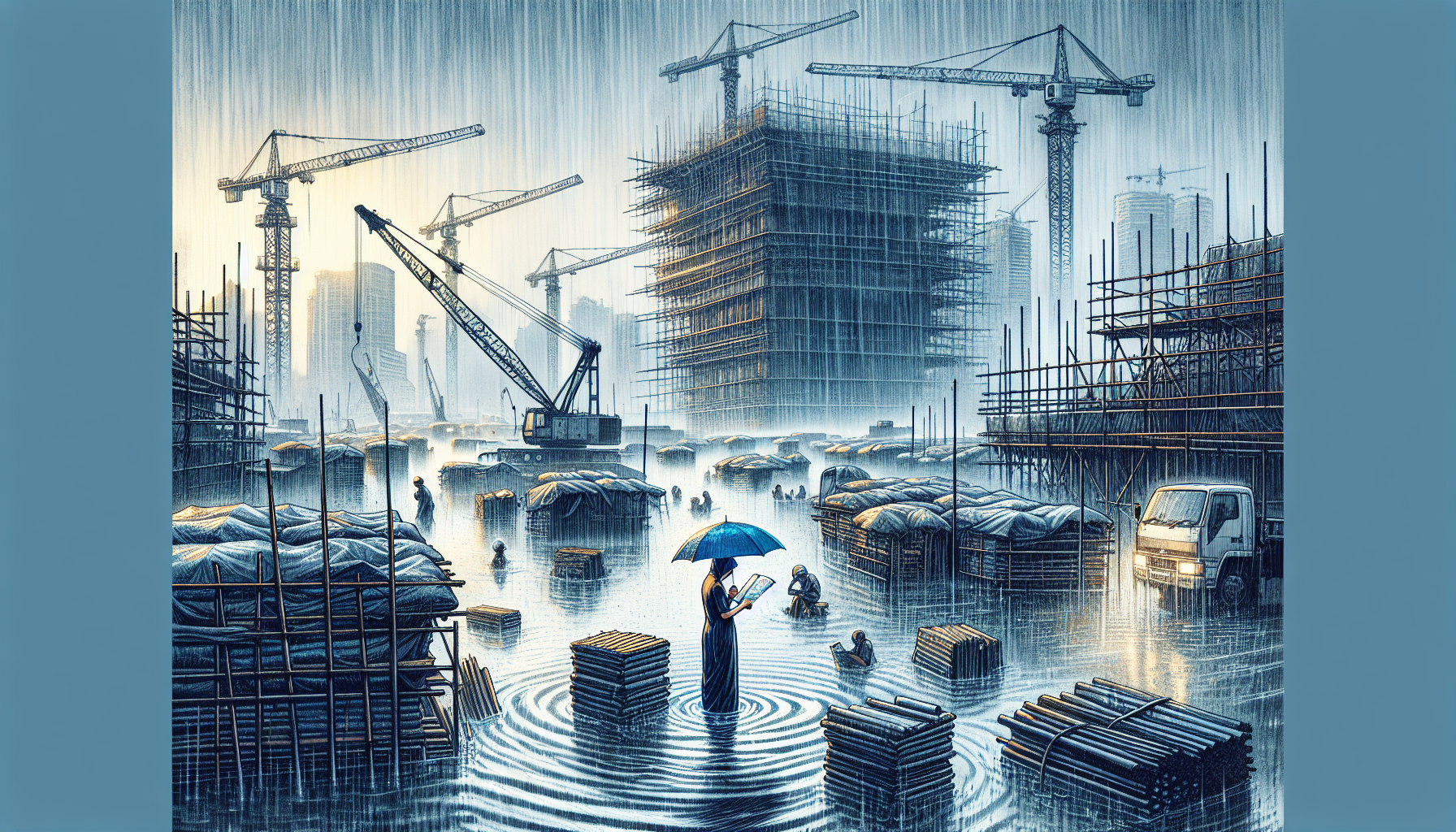 Illustration of a construction site impacted by adverse weather conditions