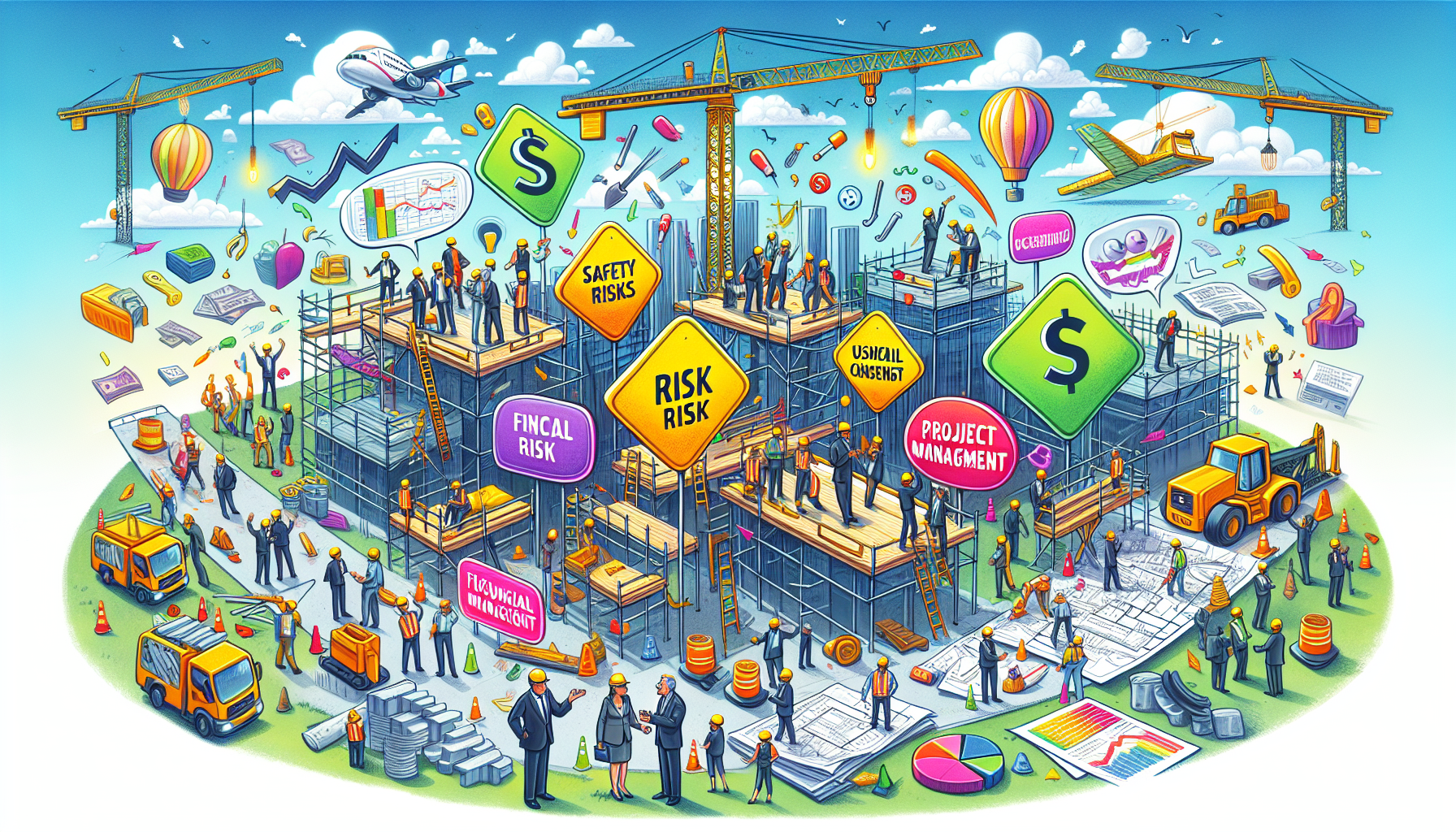 An illustration depicting various construction risks and strategies for managing them.