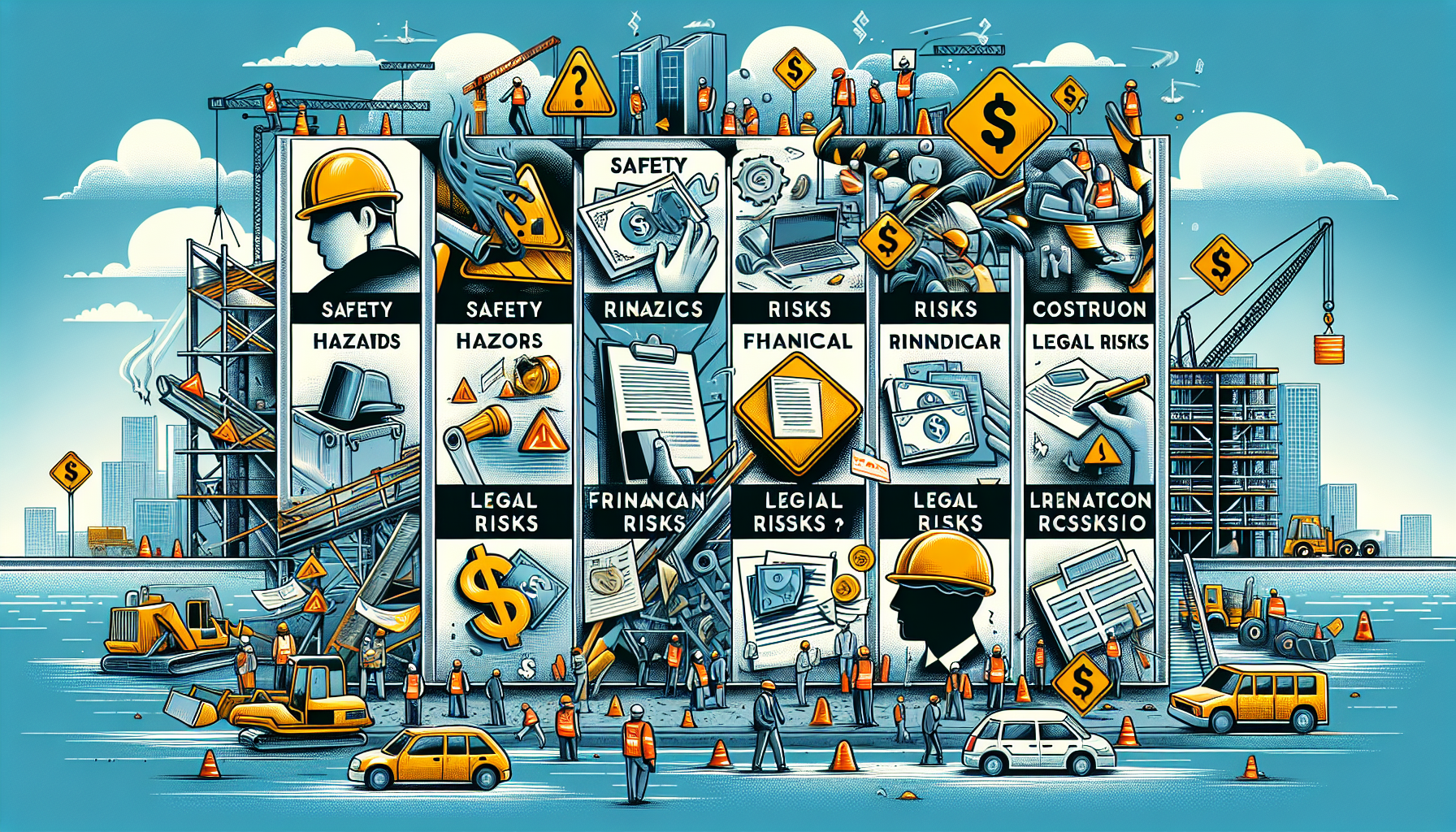 An illustration of various types of construction risks, including safety and financial risks.