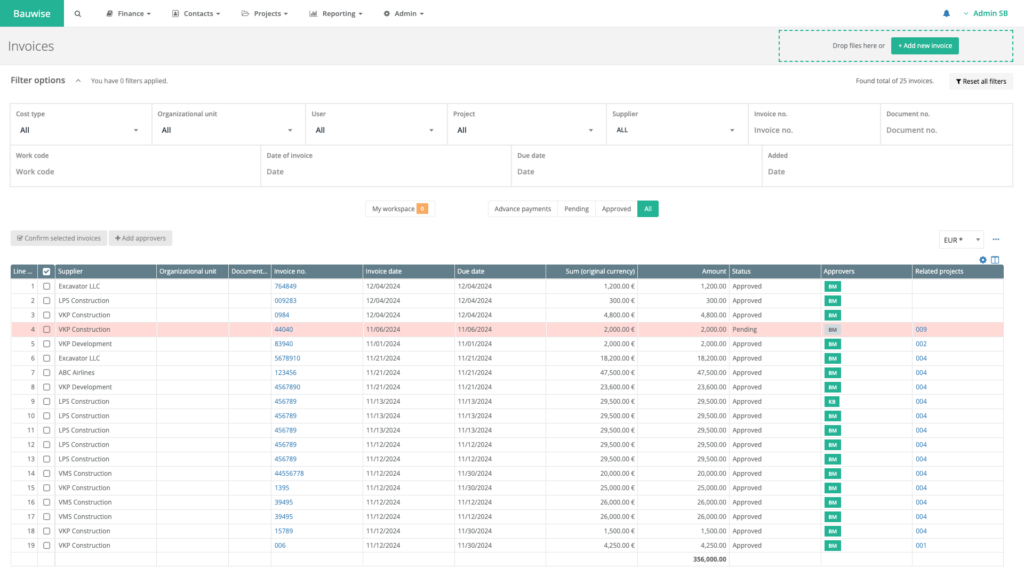 construction project purchase invoices