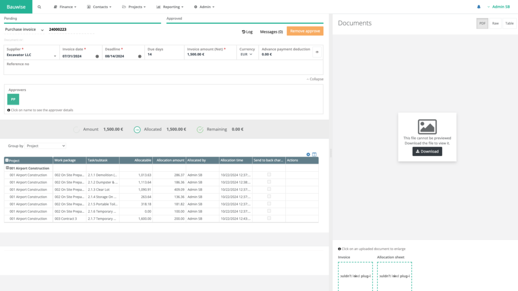 construction project purchase invoice detailed view